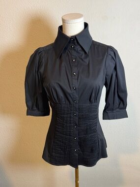 Bebe Vintage Black Button Front Pintuck Waist Blouse size Medium